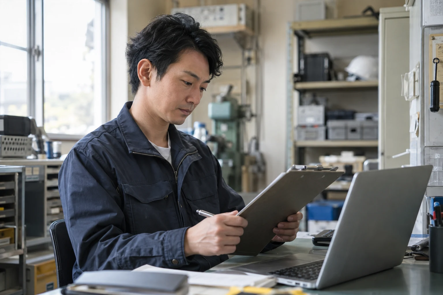 点検後にチェックシートを確認し、作業内容を記録する場面